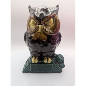 Vintage Ceramic Owl Figurine Dark Brown Yellow Glaze Sitting On Branch Planter